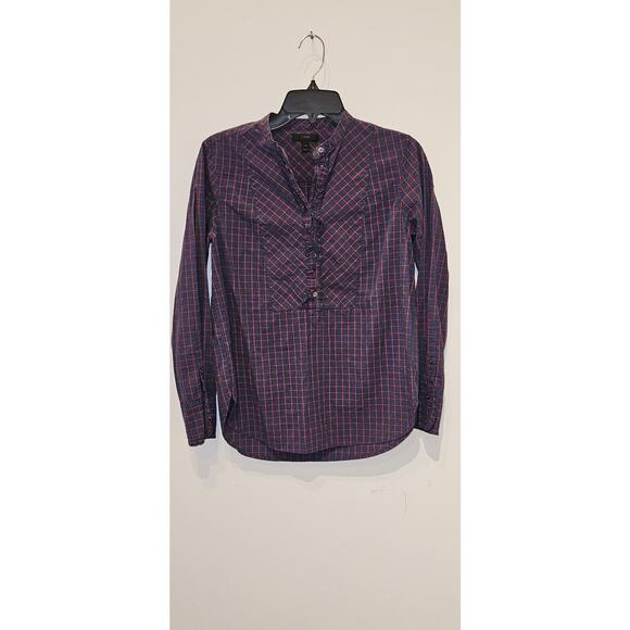 J.Crew Women’s Plaid Long Sleeve Blouse Size 4 Navy Red Pullover Top 26” Length - Picture 1 of 4